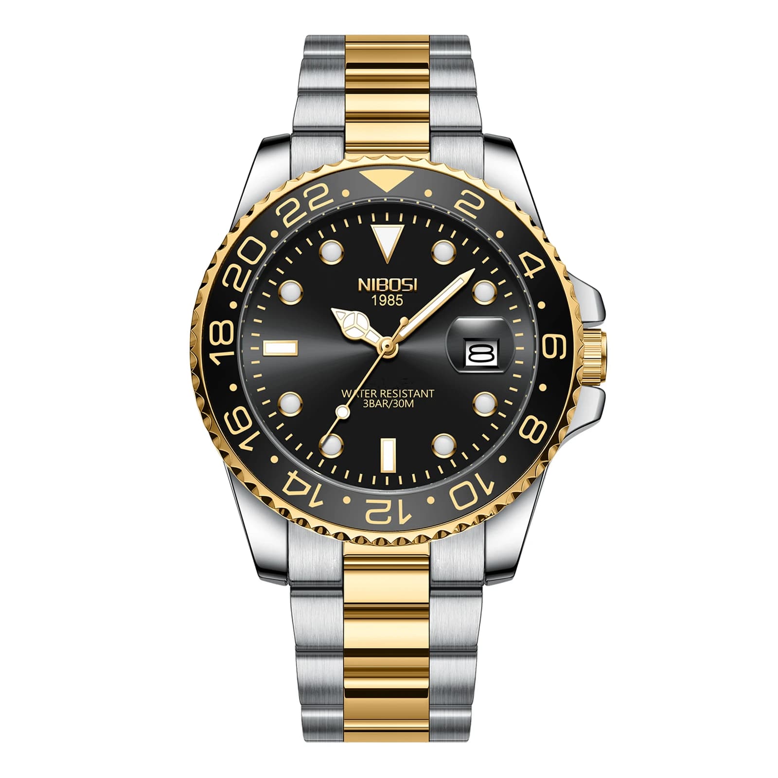 Montre homme NIBOSI or noir luxe quartz étanche - Marque haut de gamme acier inoxydable lumineuse Role
