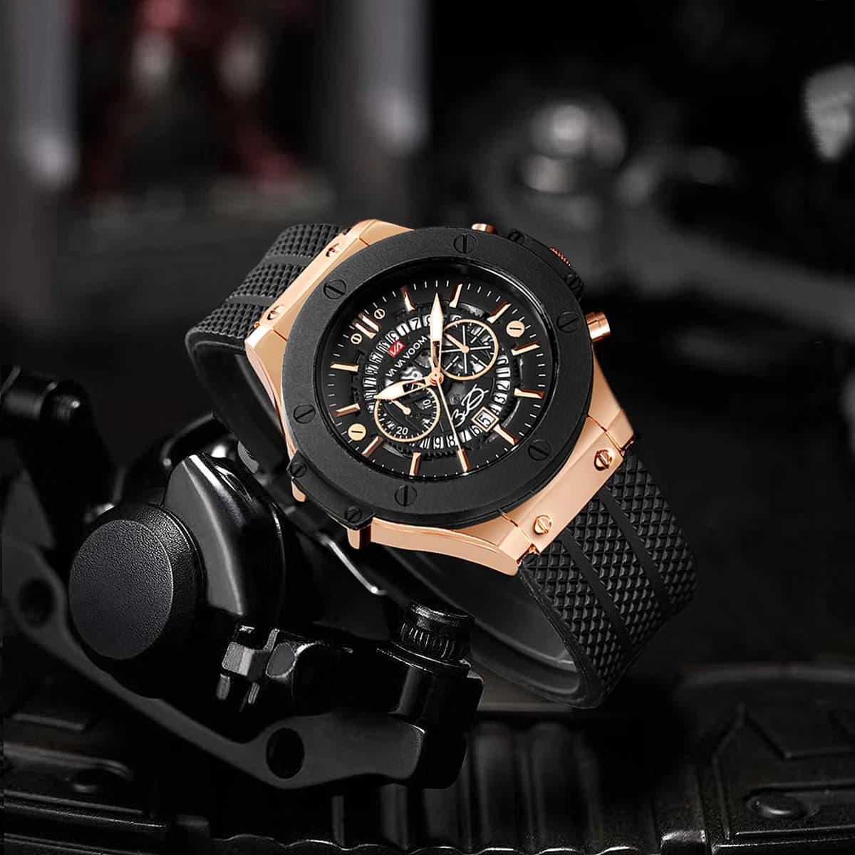 Montre militaire homme VA VA VOOM 46mm cadran rose gold squelette - Bracelet silicone - Mouvement quartz original