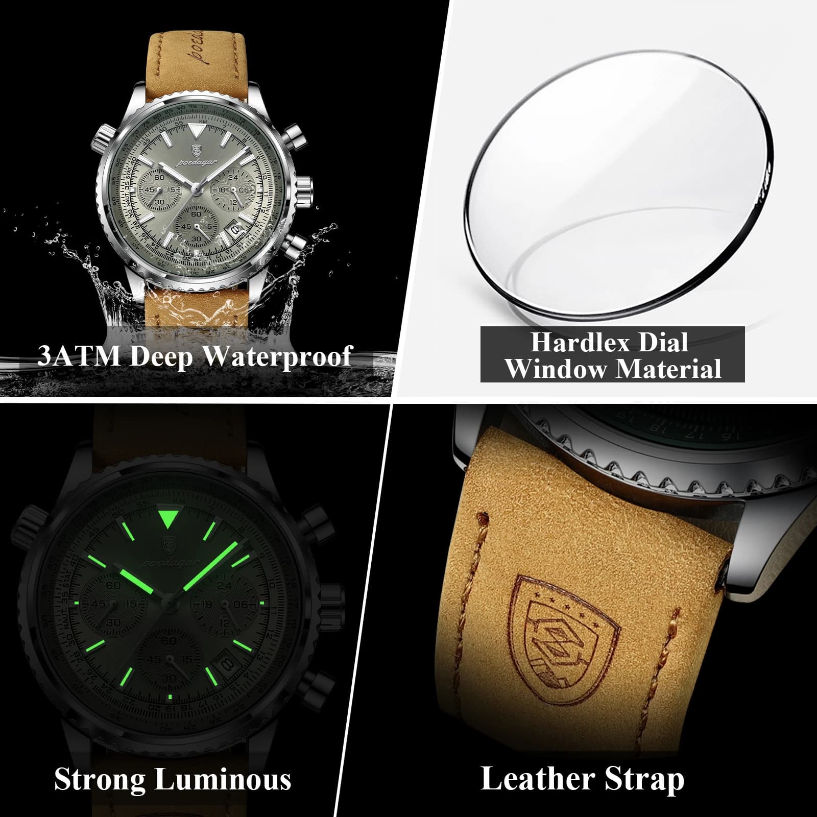 Montre homme chronographe étanche lumineuse - Boîtier cuir quartz pêcheur cadeau boîte