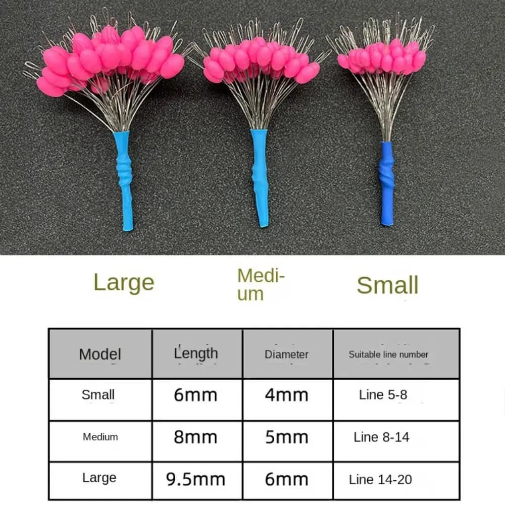 Lot de 50 bouchons flotteurs pêche cylindriques transparents, stoppers caoutchouc pour ligne S et L, accessoires espace haricot