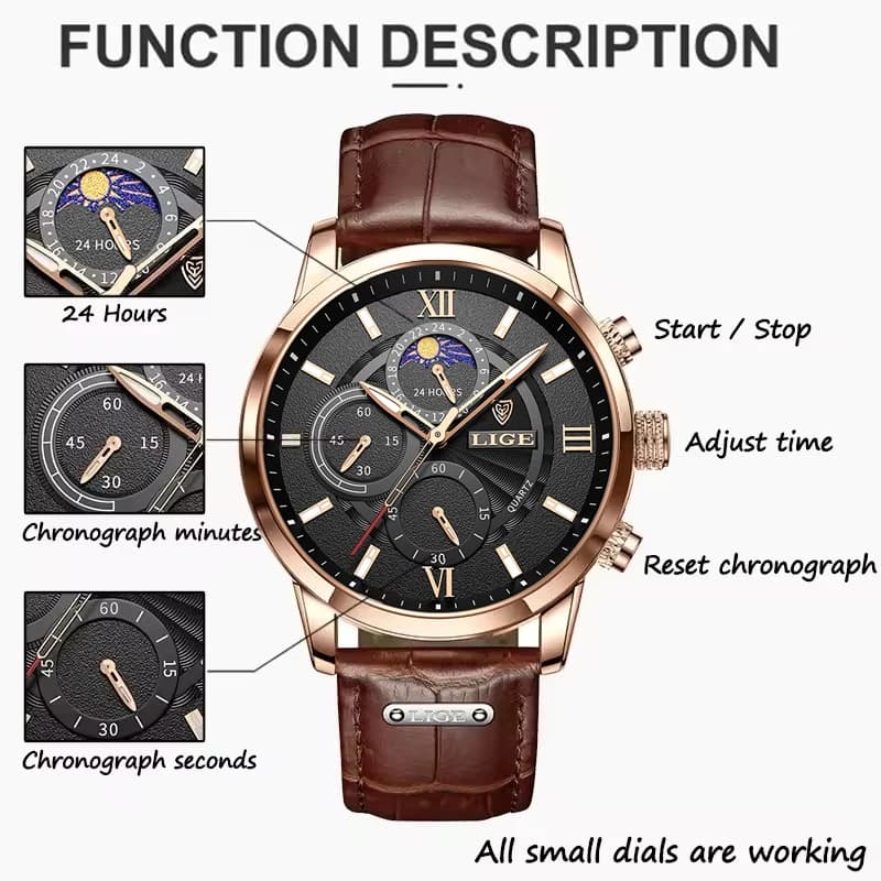 Montre homme luxe LIGE cuir étanche - Marque haut de gamme, mouvement quartz, style sport élégant