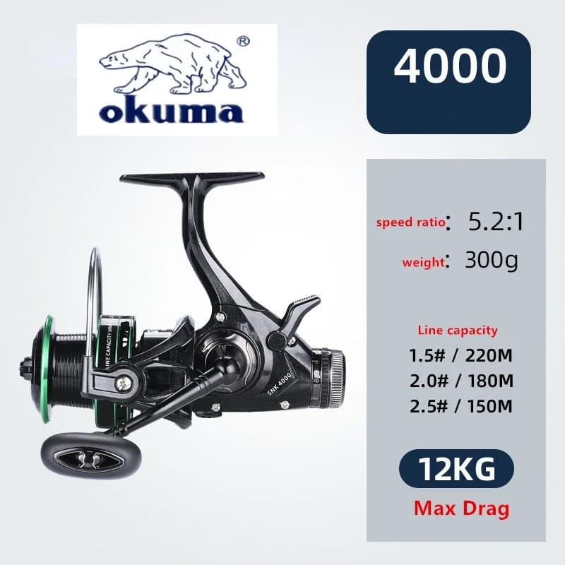Moulinet Okuma double frein 20kg drague ratio 5.2:1 14+1BB, cupule métal série 3000-6000