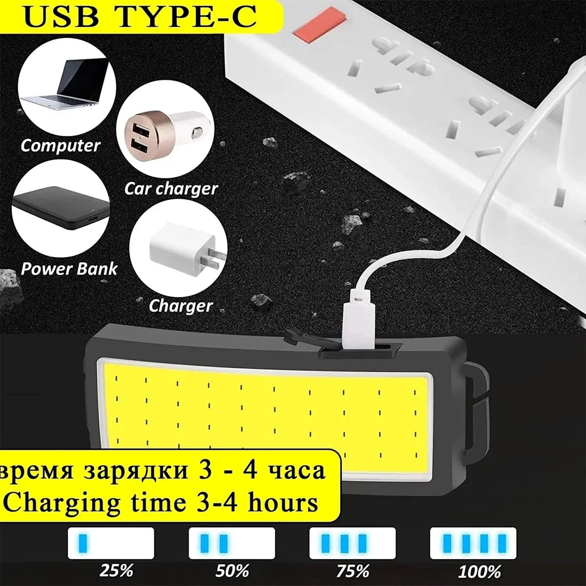 Lampe frontale COB LED 3 modes avec batterie intégrée rechargeable USB pour pêche urgence