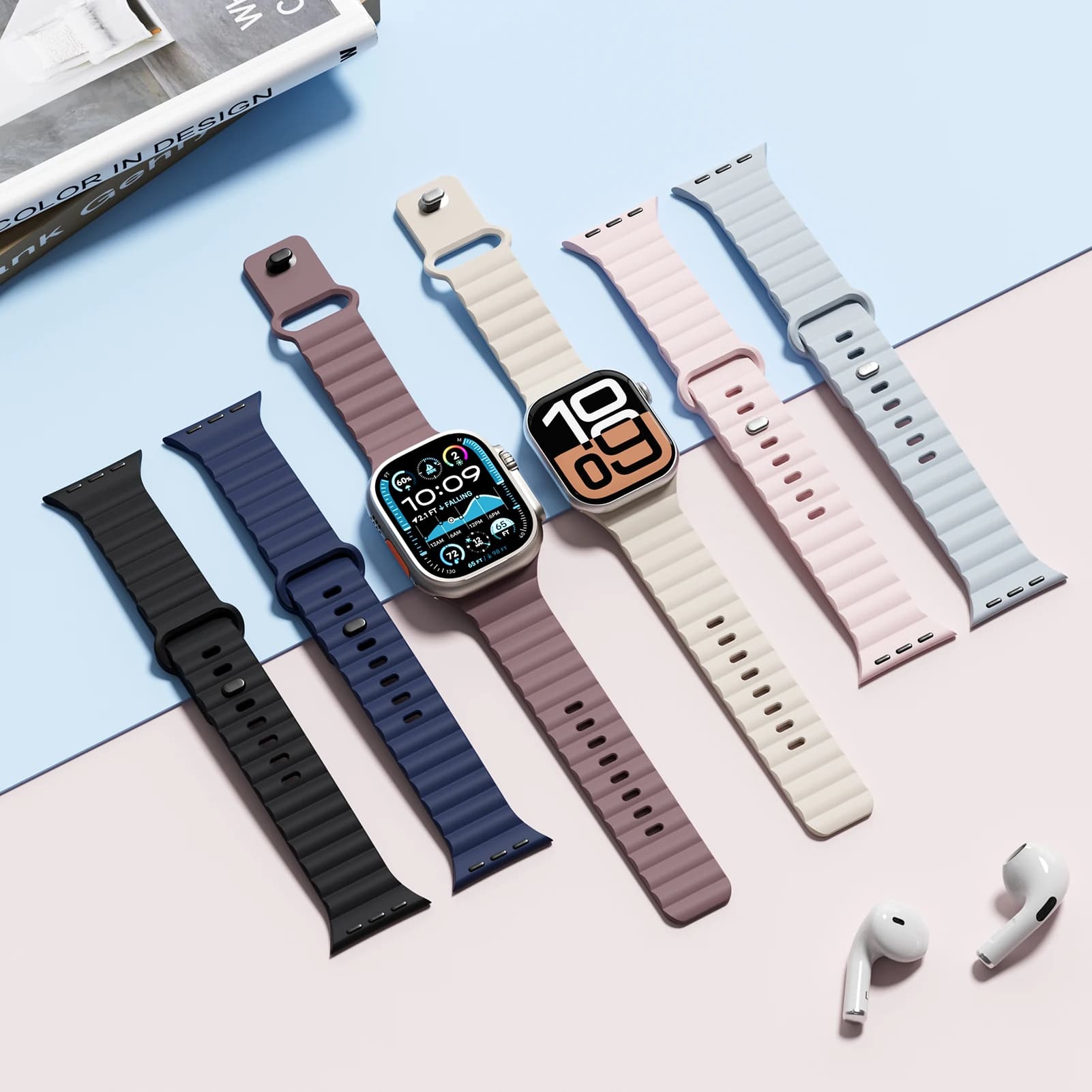 Bracelet silicone sport pour Apple Watch Ultra 2 Series 9 8 7 SE 49mm 45mm 44mm 41mm étanche confortable