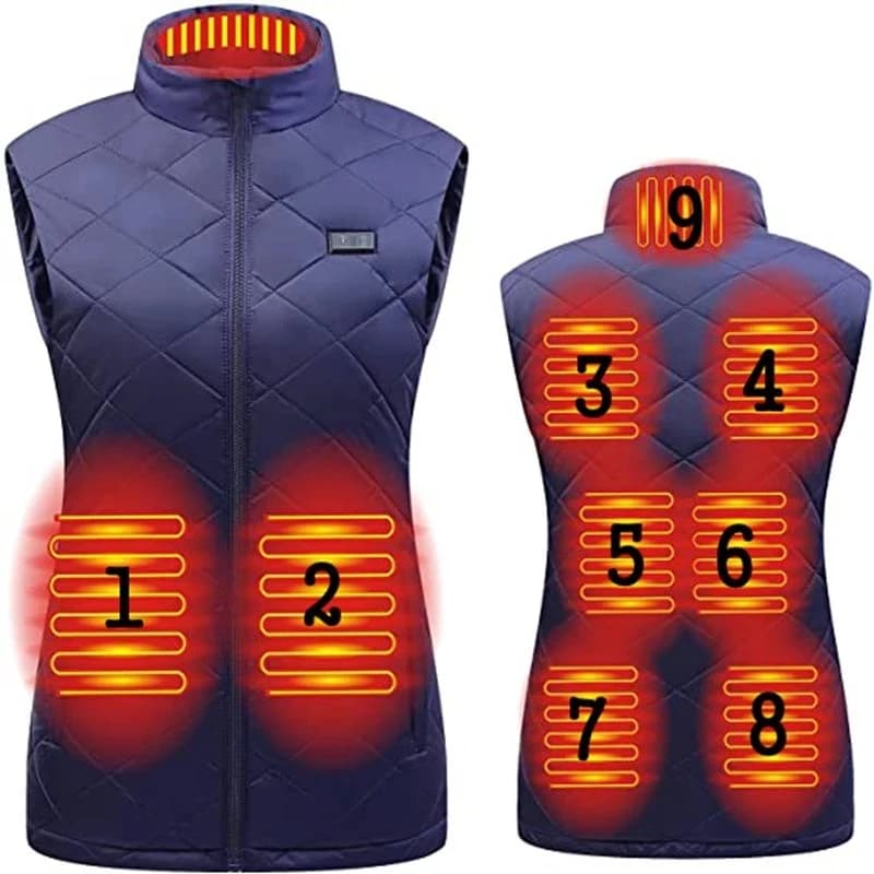Veste chauffante électrique USB femme 9 zones double interrupteur - Automne hiver coton thermique