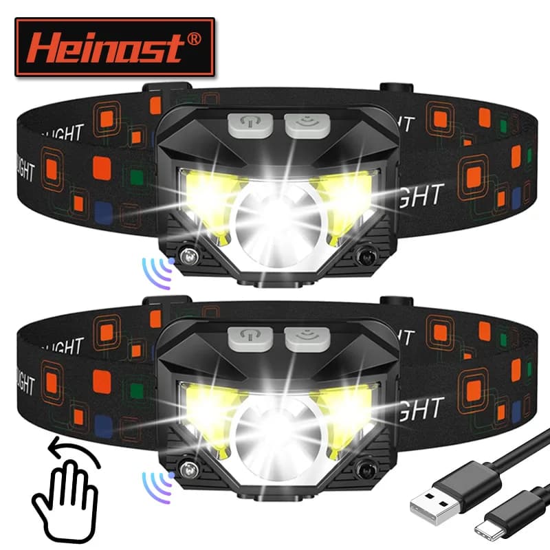 Lampe frontale LED puissante avec capteur de mouvement rechargeable USB pour pêche nocturne et camping