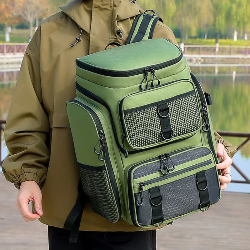 Sac de pêche 50L avec porte-cannes et rangements pour leurres - Grand sac à dos de randonnée