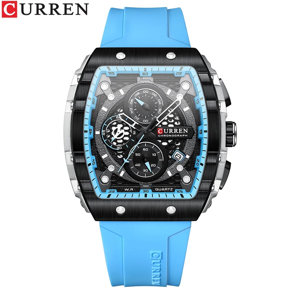 Montre sport Curren tonneau homme - Cadran sportif étanche, bracelet silicone jaune lumineux, quartz automatique