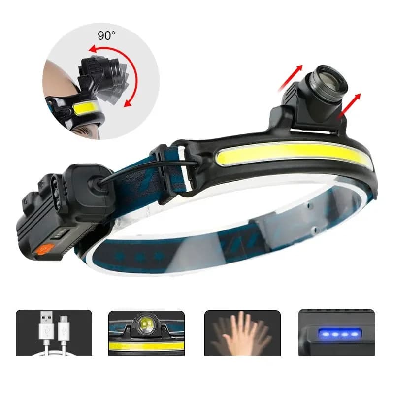 Lampe frontale à zoom USB rechargeable 6 modes COB LED pour pêche polyvalente