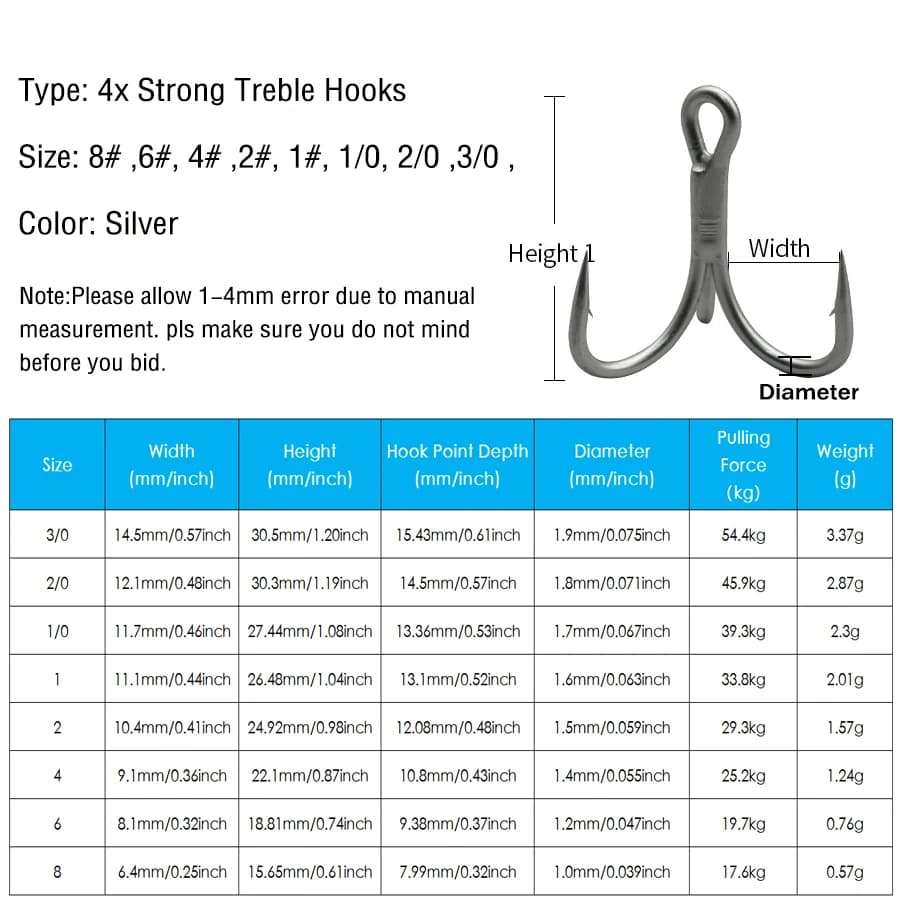 Hameçons triples 10pcs tailles 8 à 3/0 pour gros poissons truite saumon thon pêche sportive mer