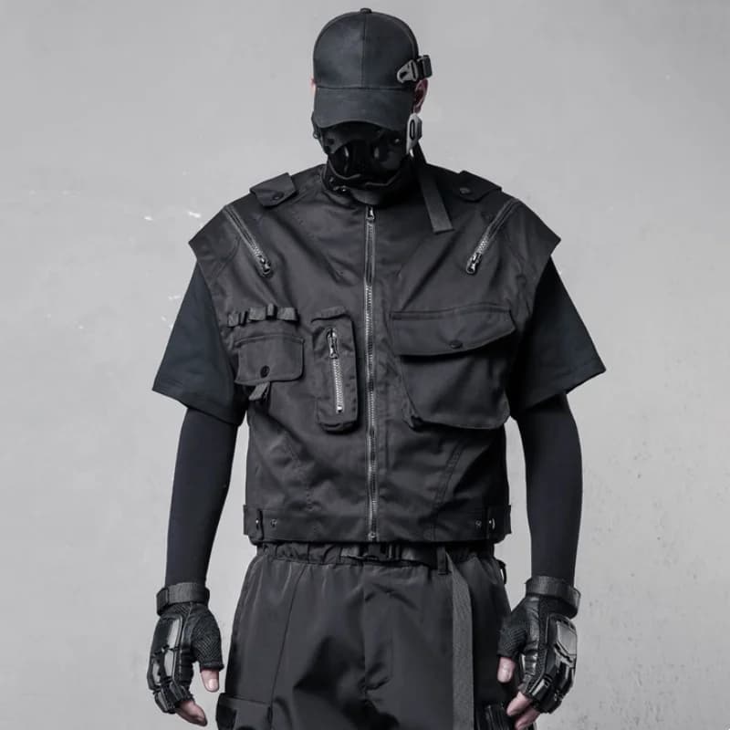 Gilet cargo homme sans manches style techwear tactical, multi-poches avec fermeture éclair et col montant