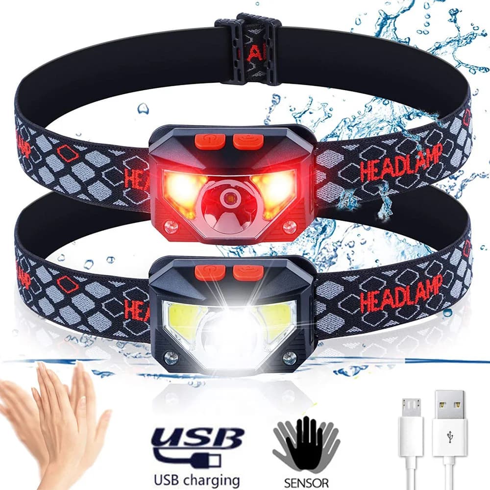 Lampe frontale LED 8 modes avec capteur de mouvement - puissante torche COB étanche pour pêche et camping