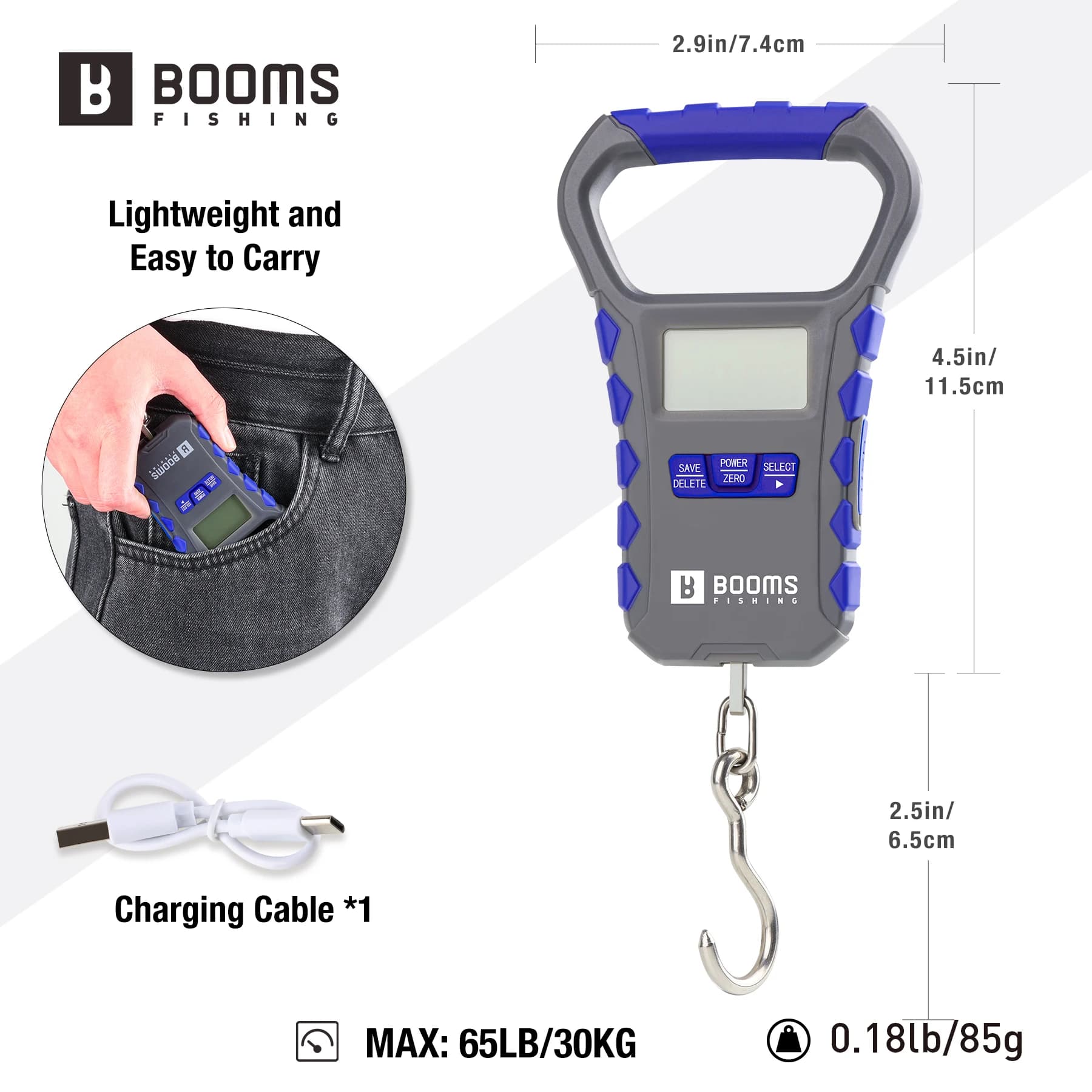 Kit pêche numérique Booms Fishing 30kg avec pince à lèvres - Balance rechargeable LCD et gripper 24cm