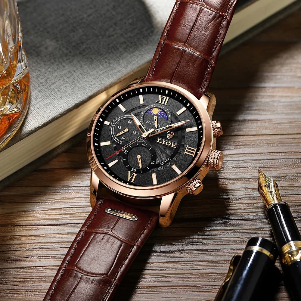 Montre homme luxe LIGE bracelet cuir quartz étanche montre sport élégante relogio masculino cadeau homme