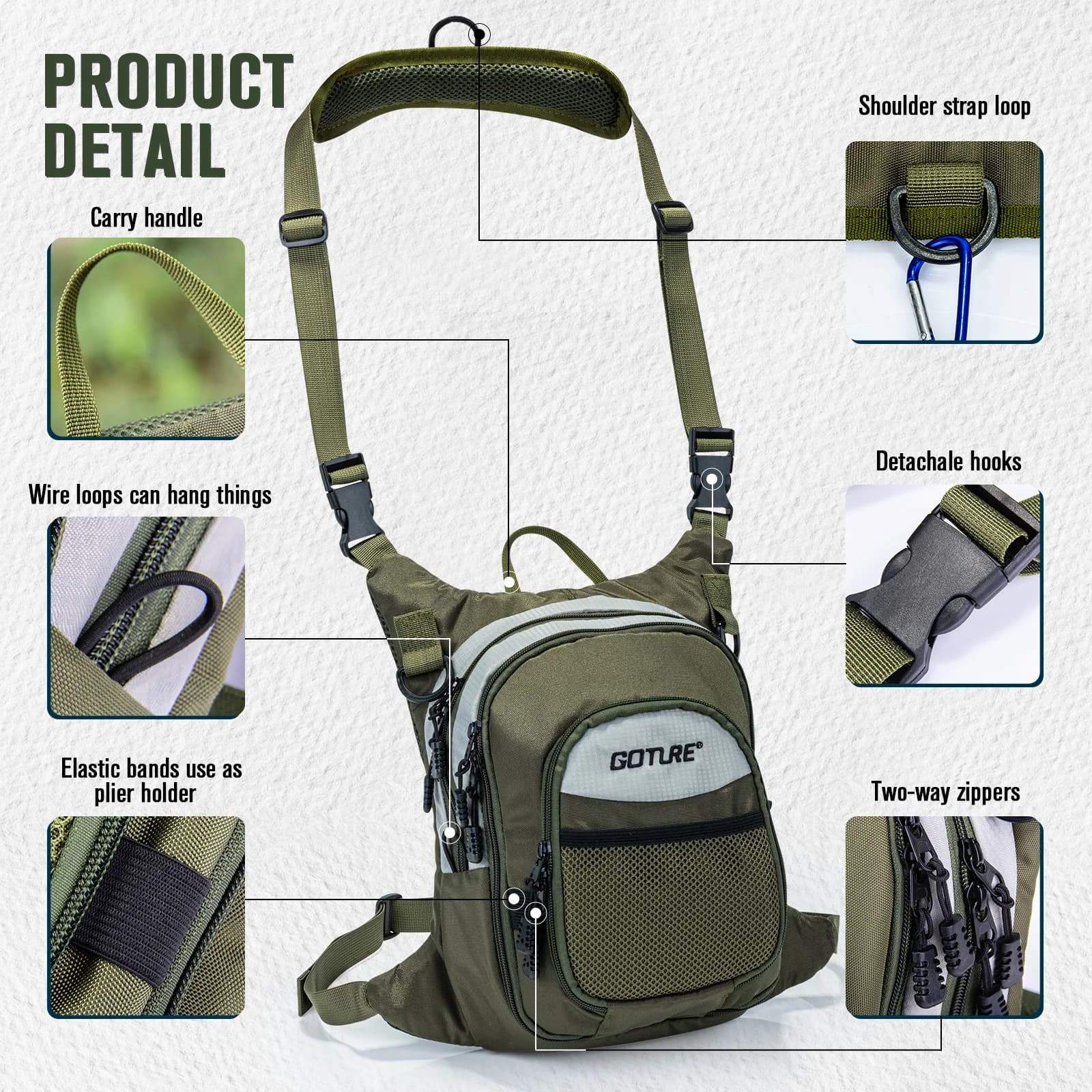 Sac de pêche à la mouche Goture 100% polyester - Ultra léger - Multiples poches - Accessoires outils pêche
