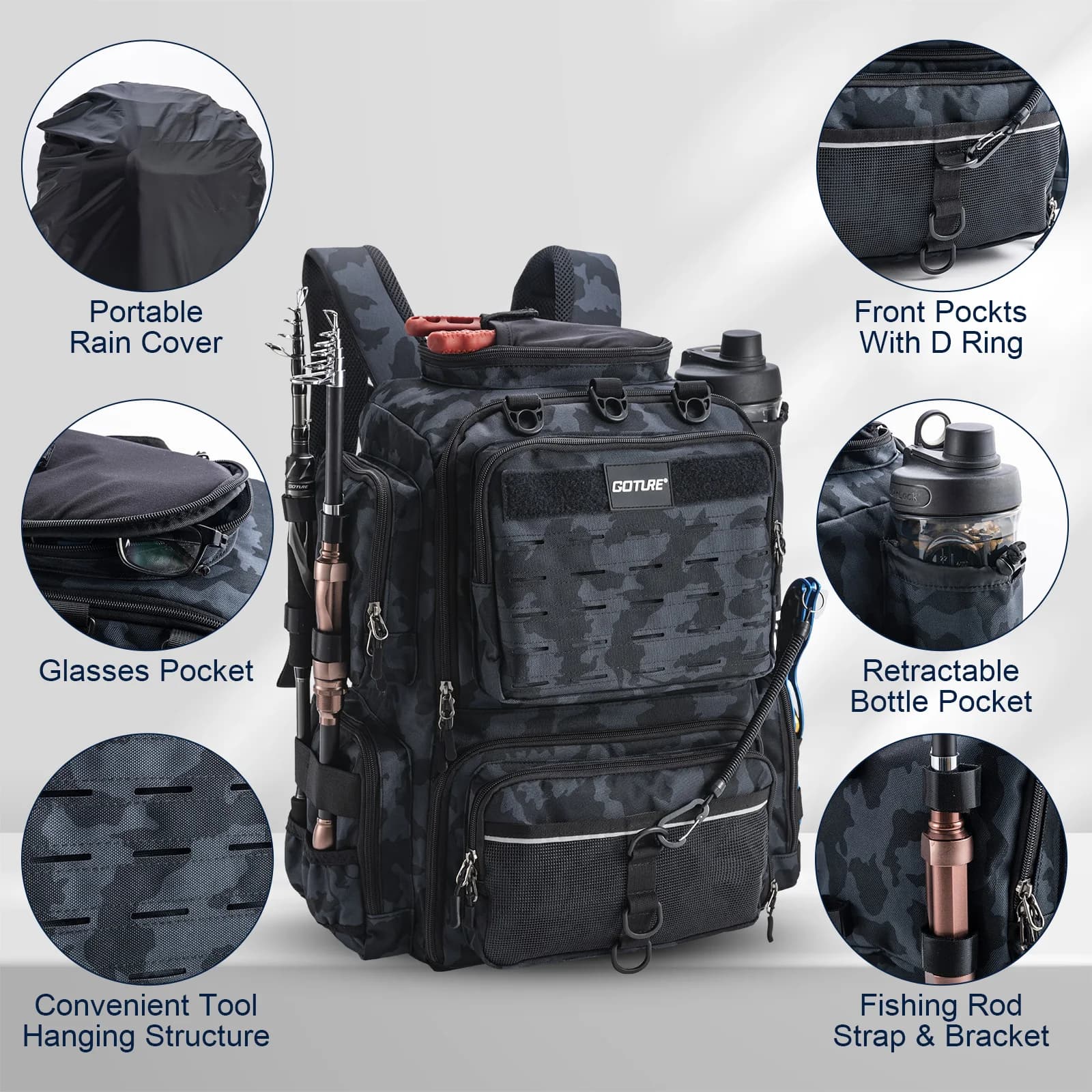 Sac à dos de pêche waterproof léger avec porte-canne - Rangement ajustable pour matériel de pêche