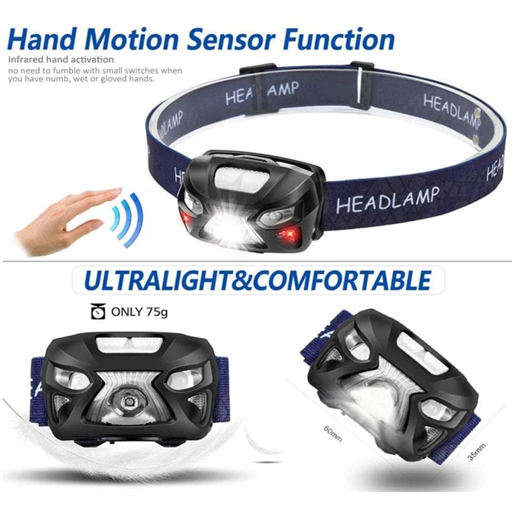 Lampe frontale 8 modes avec détecteur de mouvement rechargeable USB pour pêche et camping