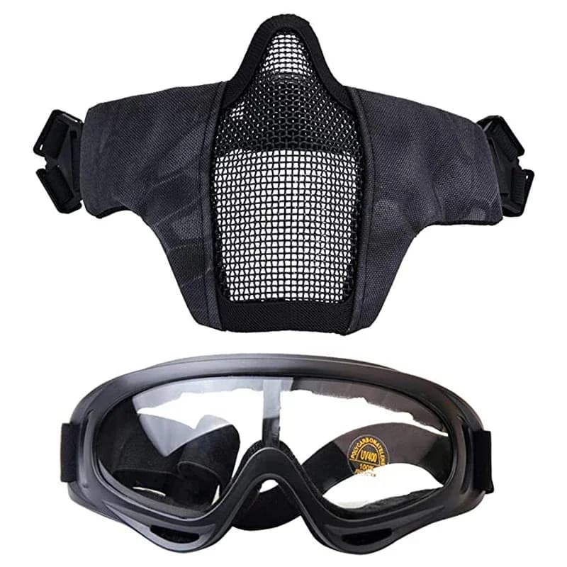 Set masque acier maille + lunettes - Airsoft Paintball jeux survie - Cosplay chasse pêche