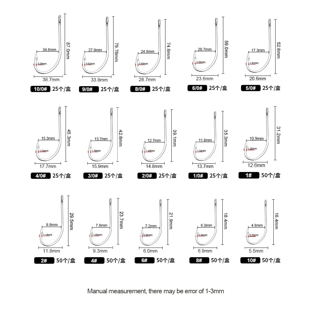 FTK 50 hameçons acier inoxydable barbelés pour carpe et bass - Tailles 1/0 à 10/0 en pack de 25
