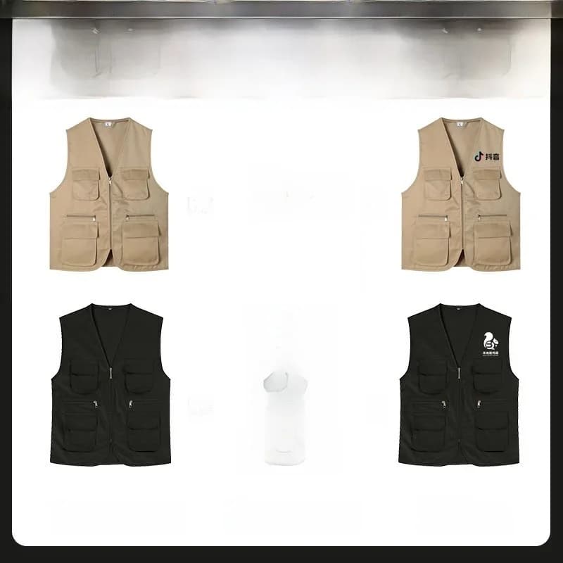 Gilet de travail zippé logo imprimé multi-poches équipe pêche bénévole polyester équipement photo