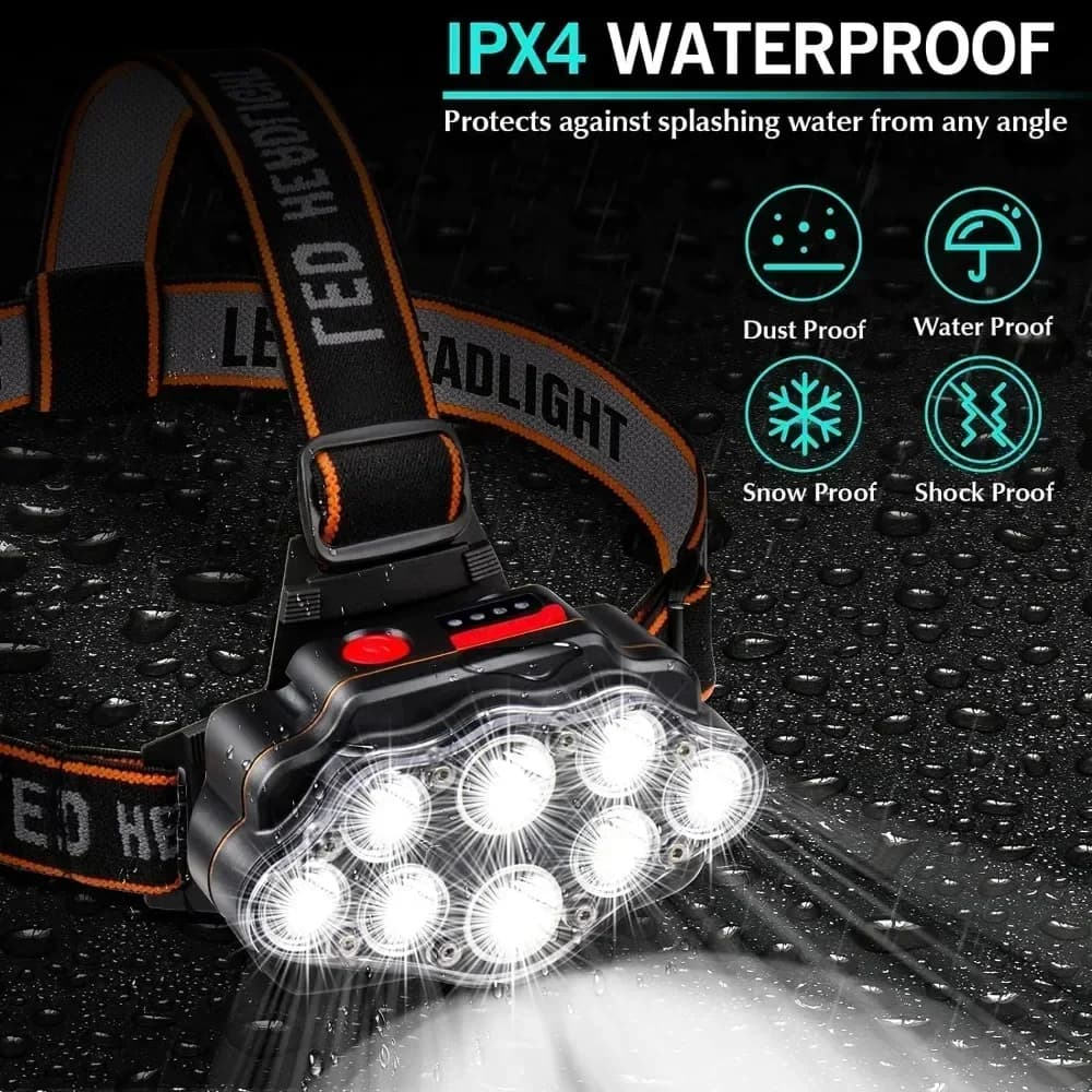 Lampe frontale 8 LED rechargeable puissante pour pêche et randonnée - Éclairage longue portée