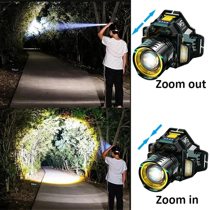 Lampe frontale LED puissante 90° ajustable zoomable 18650 intégrée pour pêche précise