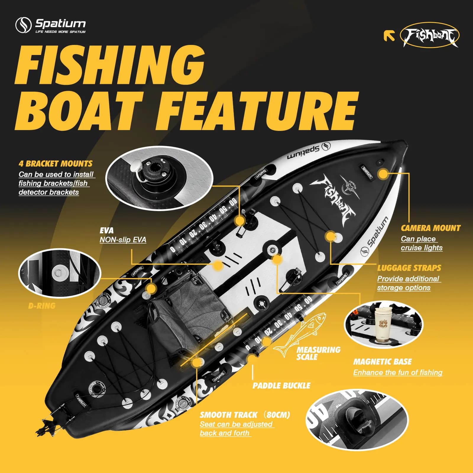 Kayak de pêche gonflable à pédalier avec siège et système de direction - Léger et facile à transporter