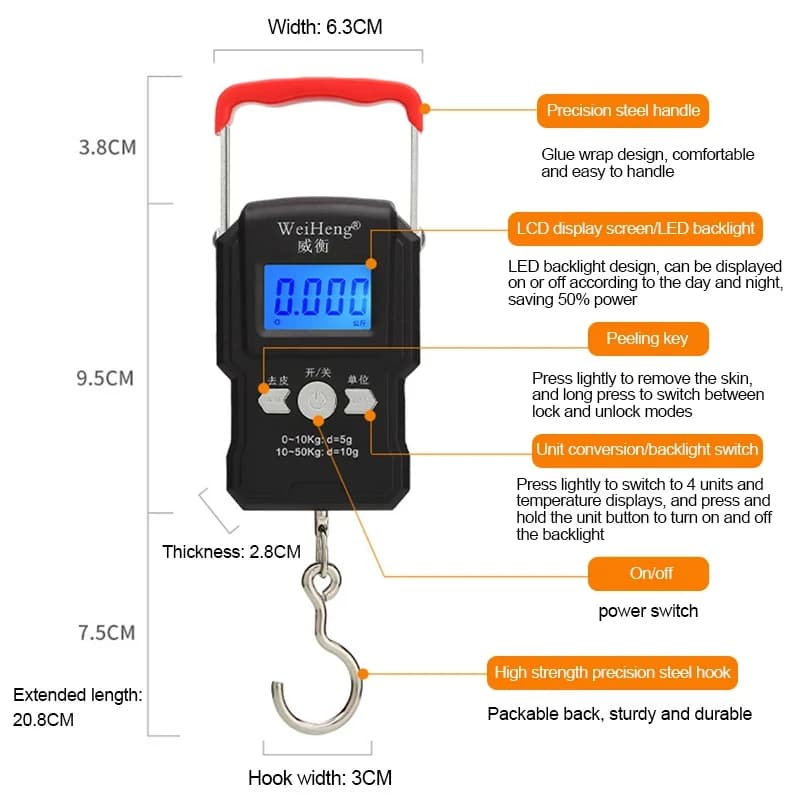 Balance de pêche portable 50Kg/5g LCD - Balance numérique suspendue pour bagages et voyage