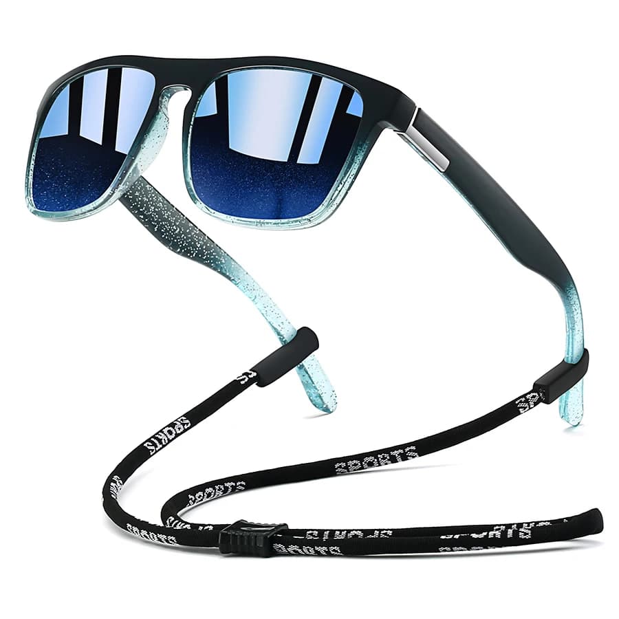 Lunettes de soleil avec chaîne pour pêche et conduite - Monture carrée classique - Légères et colorées