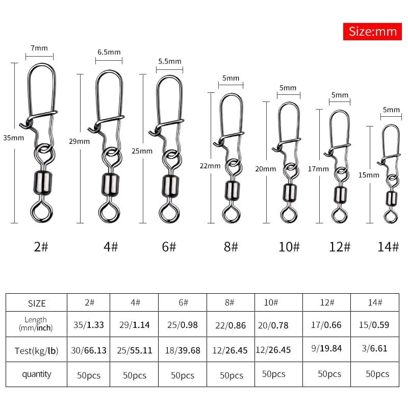 Connecteur de pêche au brochet MEREDITH 50PCS, roulement à aiguilles, émerillon roulant acier inoxydable avec agrafe
