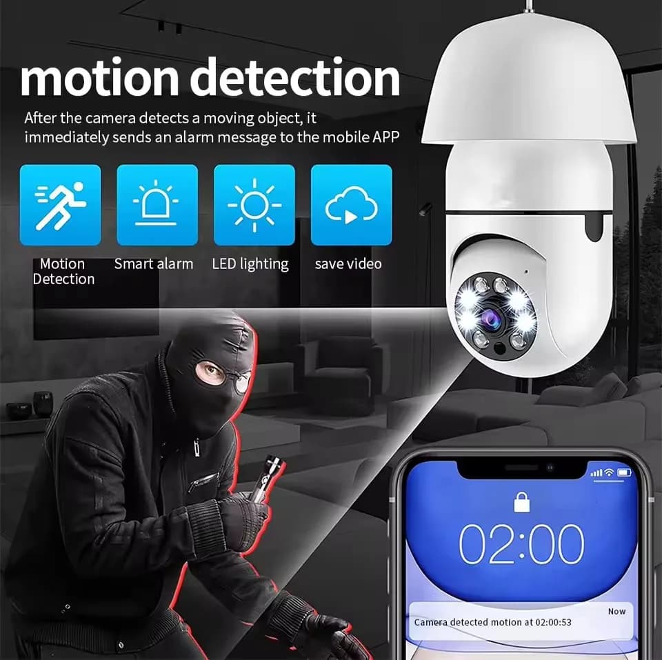 Caméra surveillance intérieure E27 mini WiFi suivi automatique zoom pour sécurité local pêche