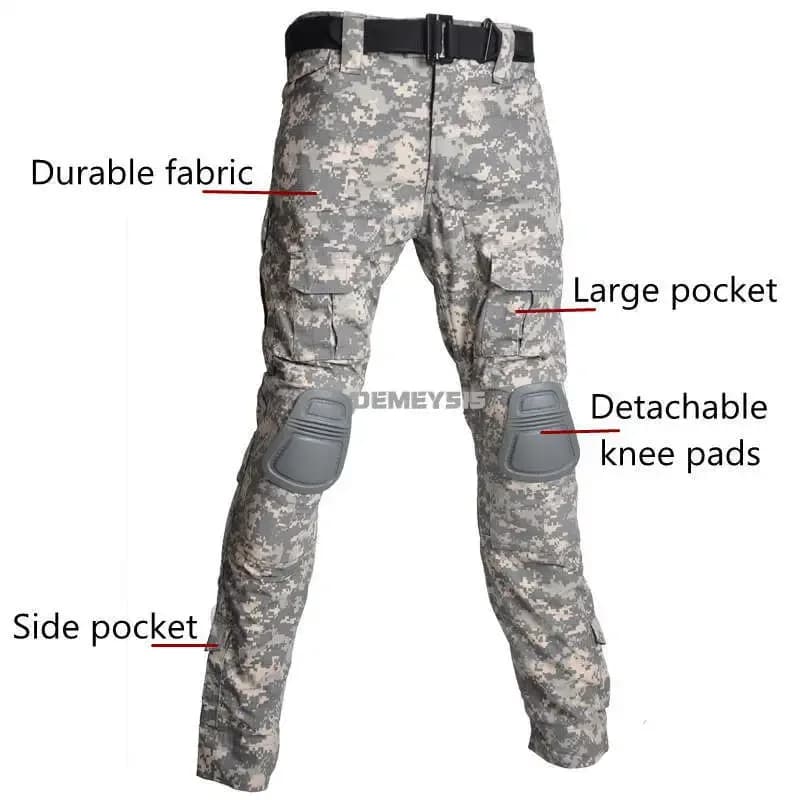 Uniforme tactique camouflage homme femme pêche airsoft pantalon cargo avec protections coudes genoux