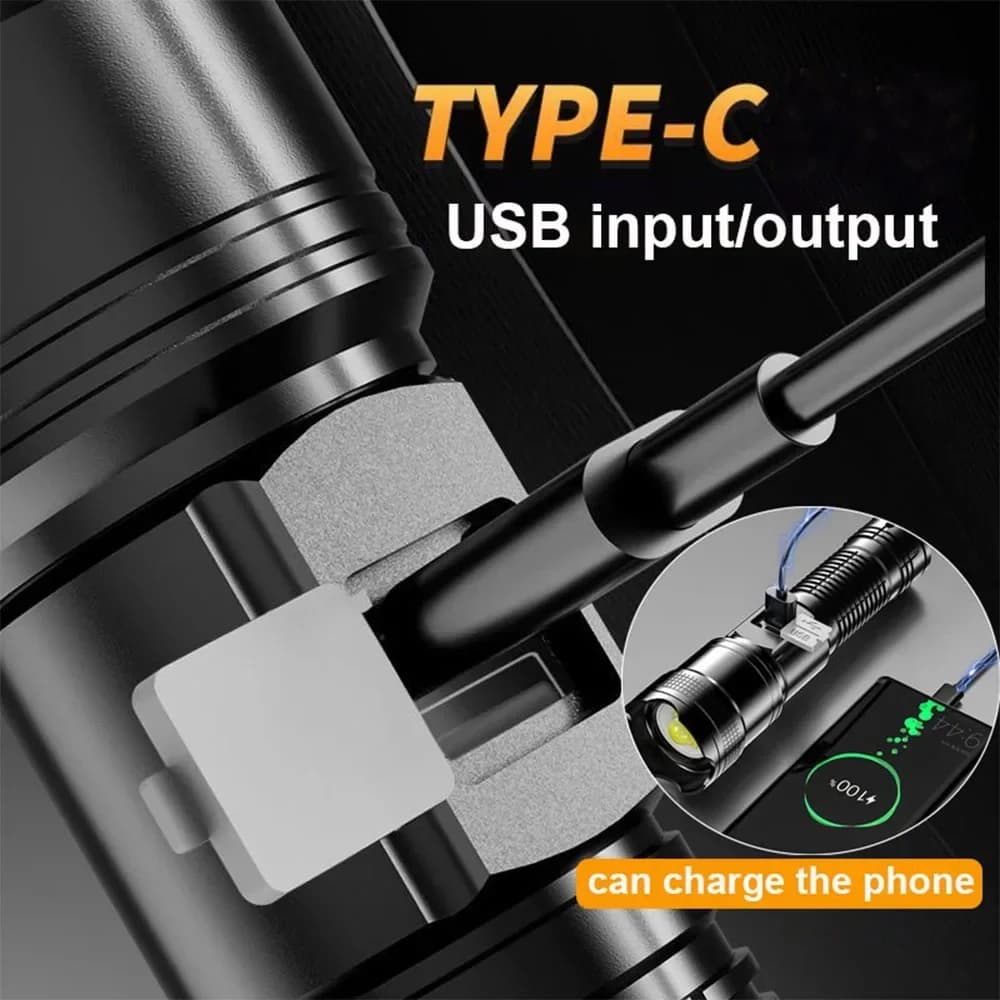 Lampe torche tactique 300000LM avec écran LED rechargeable USB pour défense, pêche et camping
