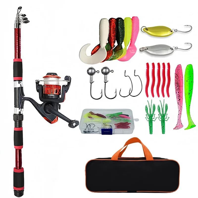 Kit complet pêche avec canne télescopique et moulinet spinning, appâts et hameçons inclus