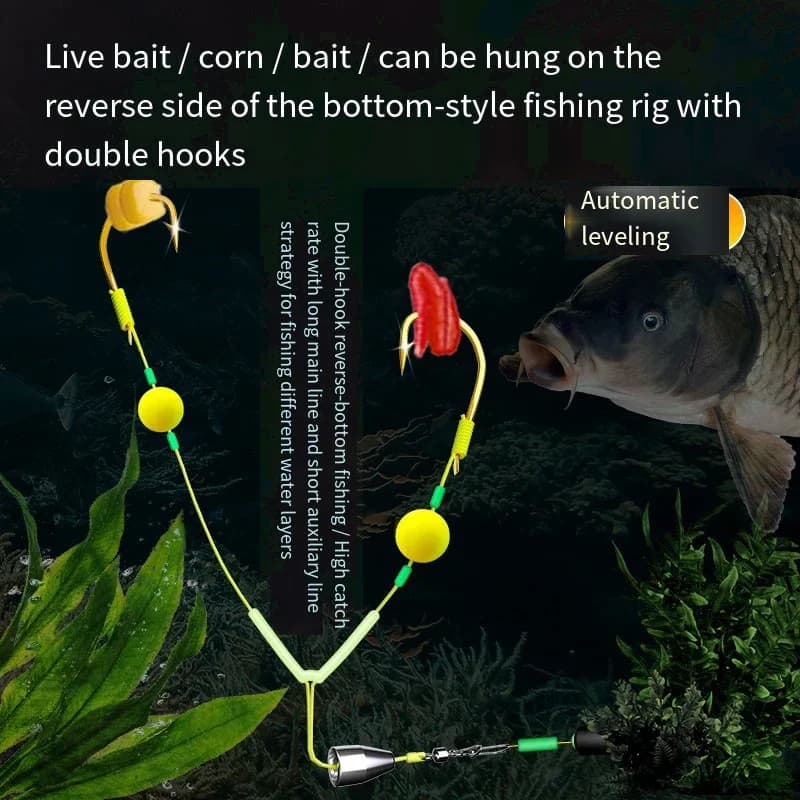 Montage tout prêt avec double hameçon pour carpe - Équipement anti-fond prêt à pêcher