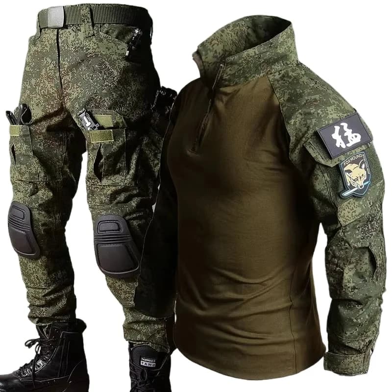 Set camouflage armée 2 pièces - T-shirt manches longues et pantalon cargo pour pêche confortable