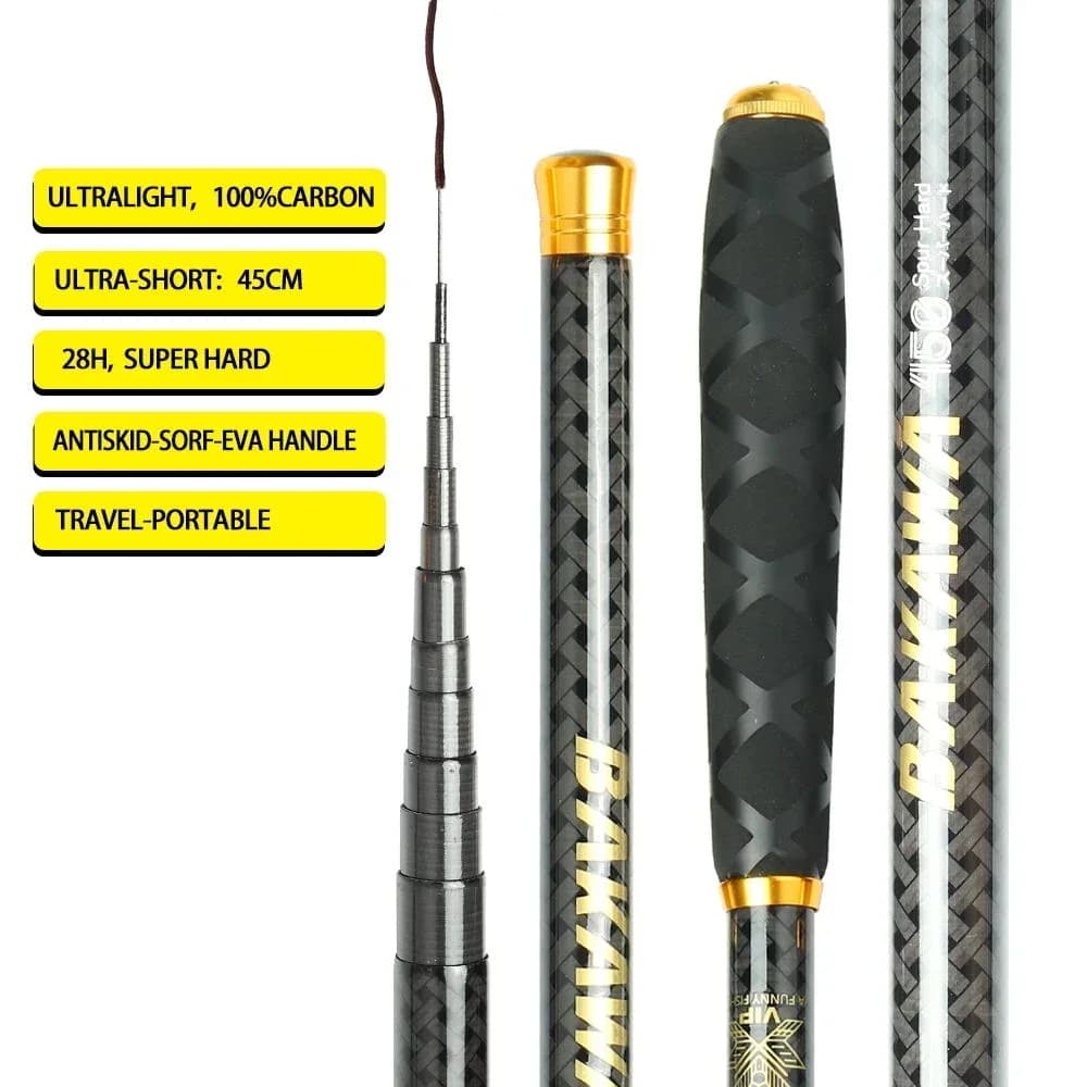 Canne carbone télescopique BAKAWA mini voyage 2.7 à 7.2m ultra légère - Pêche carpe eau douce portable