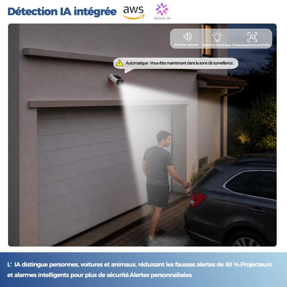 Caméra de sécurité solaire WiFi extérieur Alevio 2.5K, vision nocturne couleur, détection PIR et AI pour surveillance étang