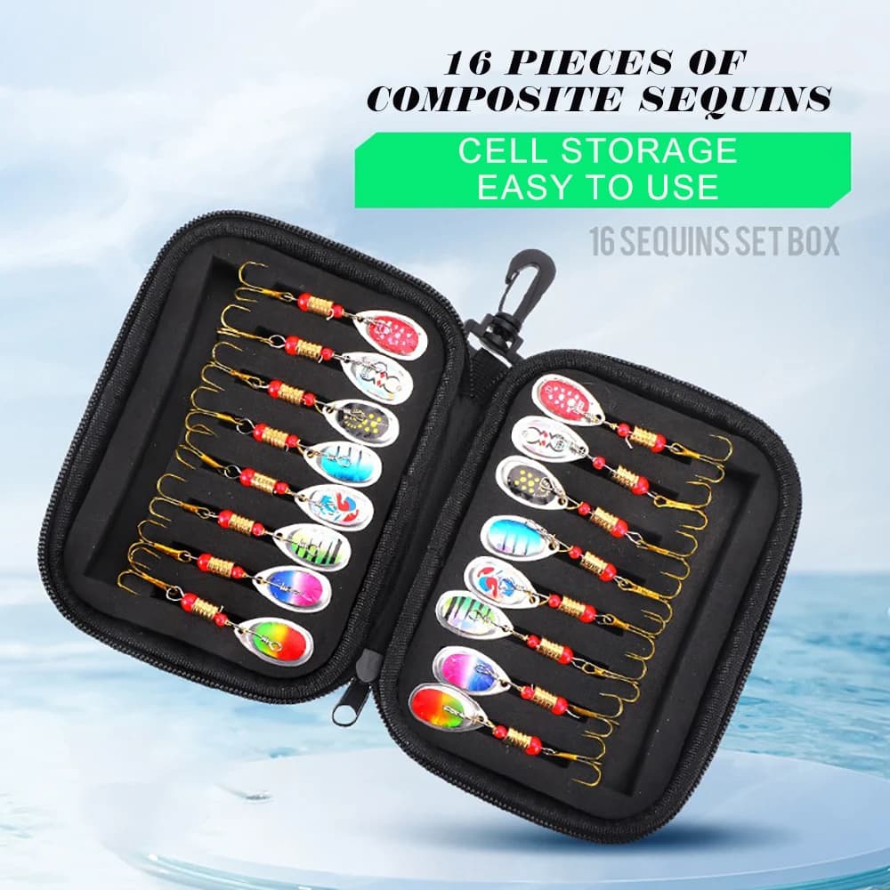 Set de 16 cuillères tournantes métal - Leurres spinner bait pour brochet, bar et truite avec sac de transport