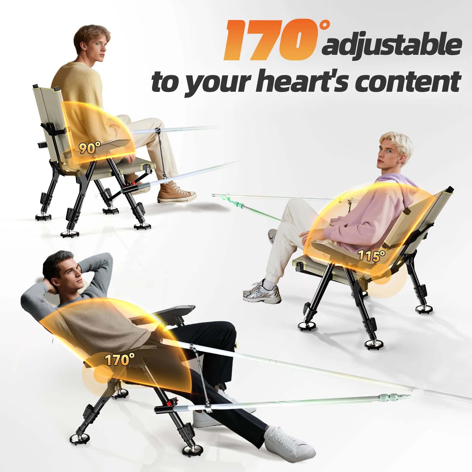 Chaise pêche pliante portable avec pieds télescopiques et dossier réglable pour terrains variés