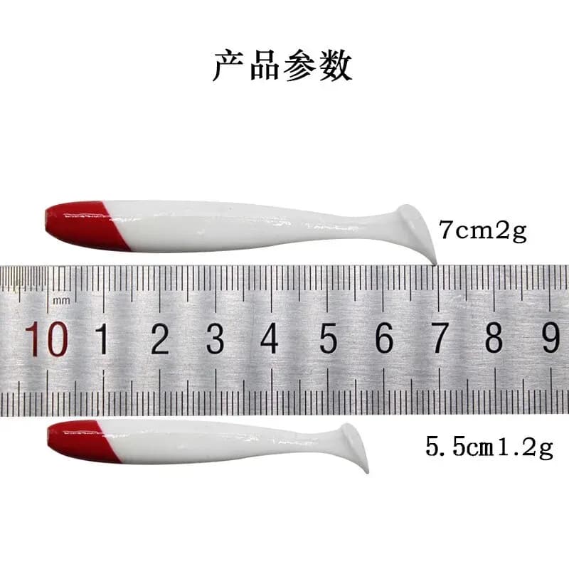 Leurre Souple T-tail Bionique 7 à 12 cm, Tête Rouge Corps Blanc, 10 Leurres par Sachet