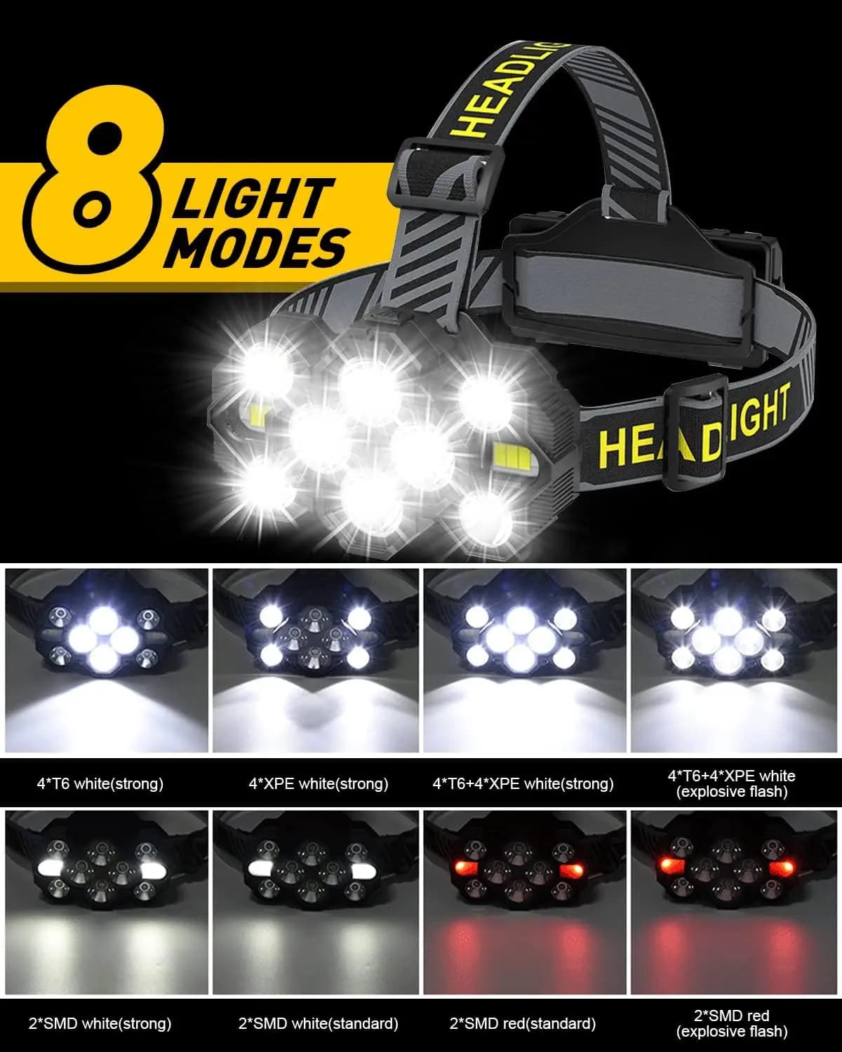 Lampe frontale rechargeable 10 LED blanc et rouge pour pêche, camping, vélo - Éclairage polyvalent