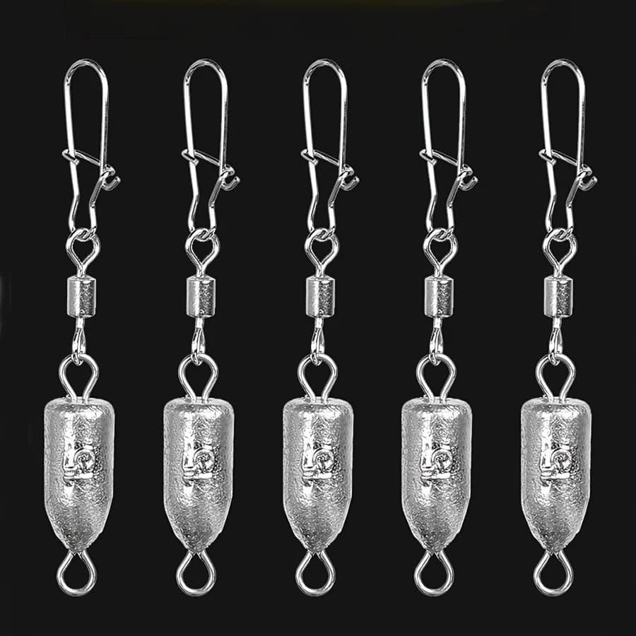 Lot de 5 plombs de pêche avec émerillon snap pour pêche au bar et pêche en mer - 11 tailles disponibles