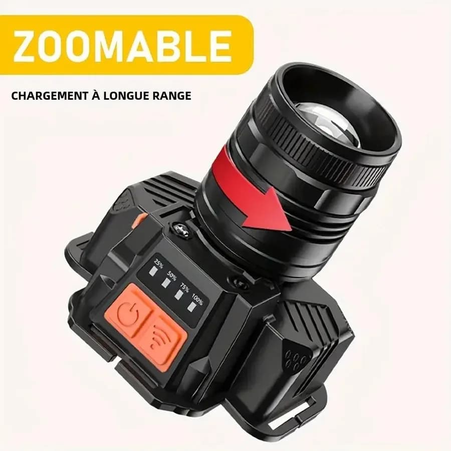 Frontale LED rechargeable 3 modes avec focus réglable 90° pour pêche, chasse et randonnée