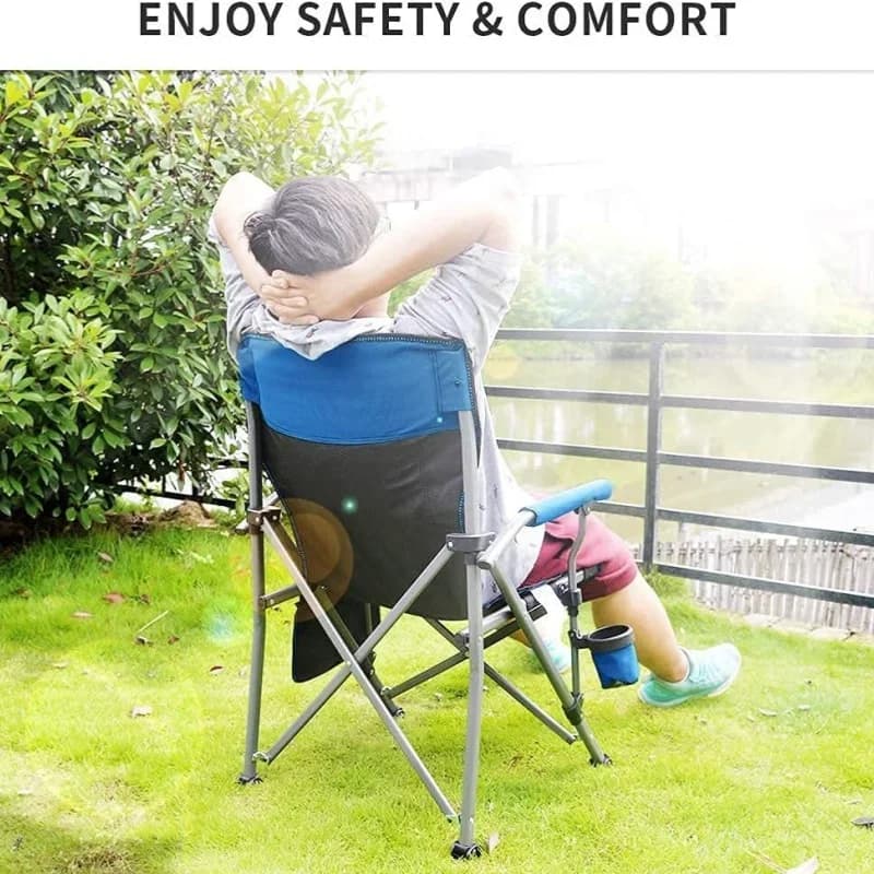 Grande chaise de pêche pliante aluminium avec dossier haut, accoudoirs et porte-gobelet