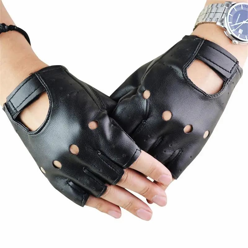 Gants doigts coupés pêche conduite synthétique unisexe noir fashion homme femme
