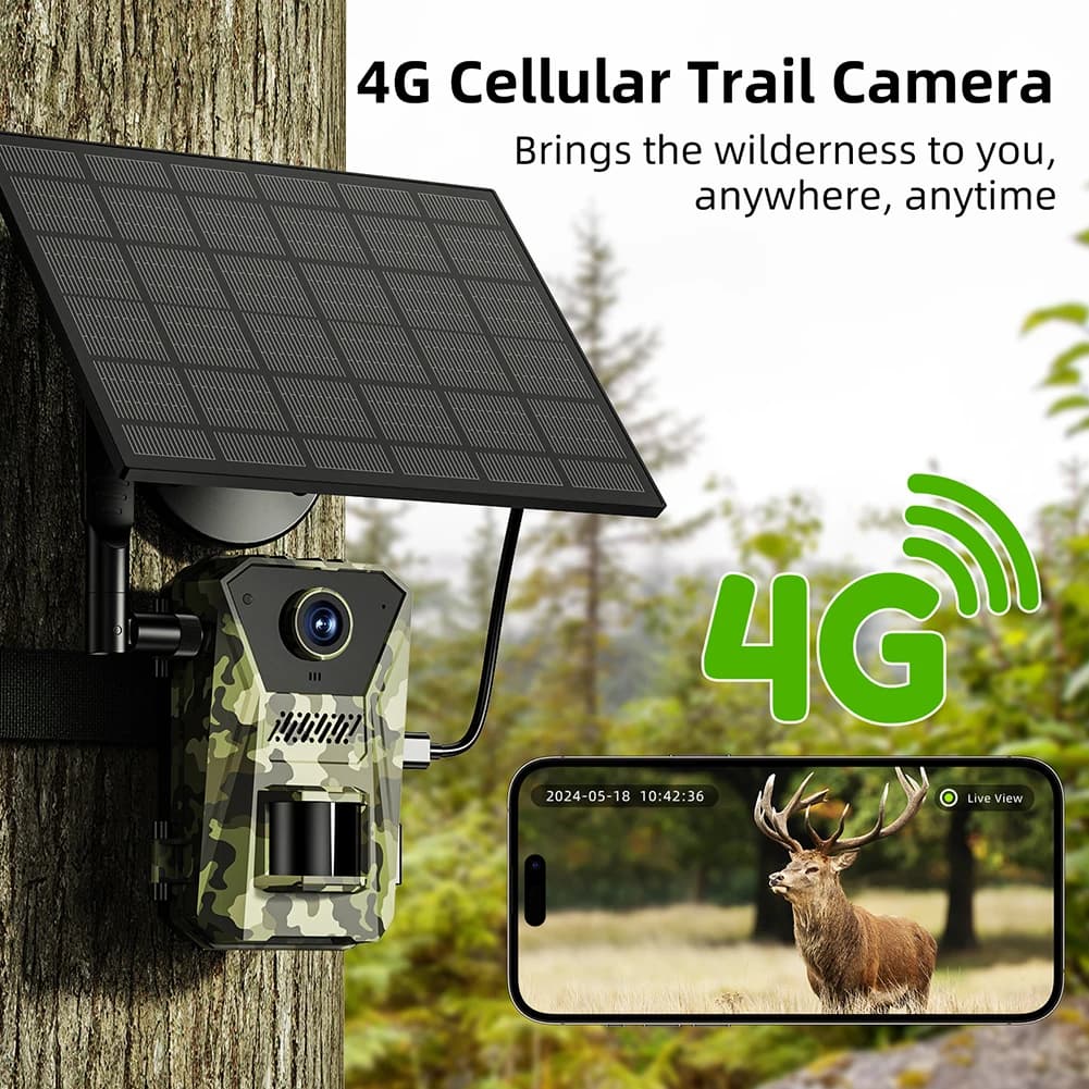 Caméra de chasse solaire 4G 14MP étanche détection PIR 20m vision nocturne infrarouge traçage faune