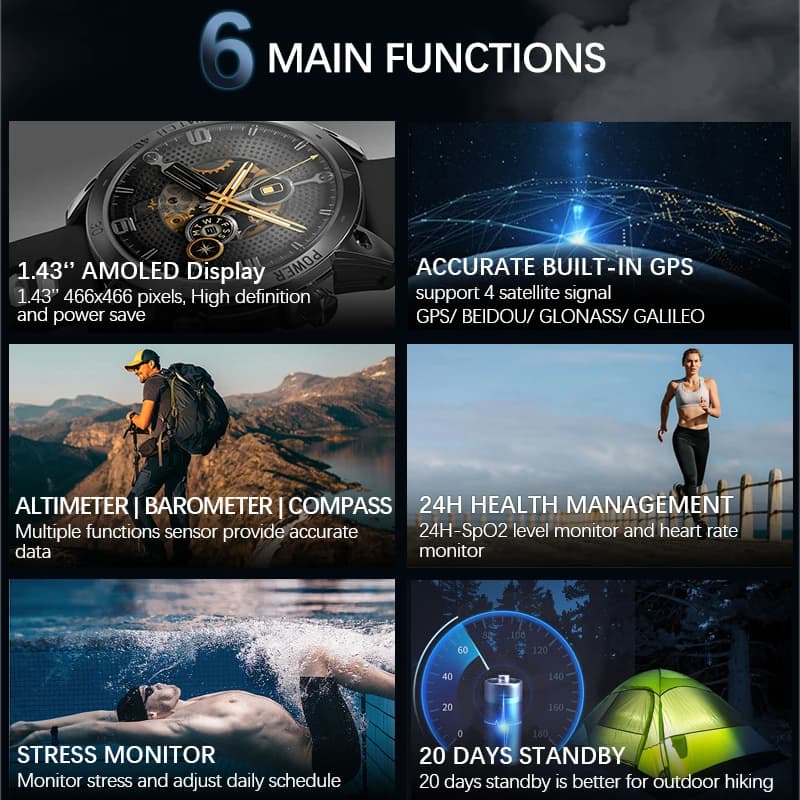 Montre GPS NORTH EDGE homme sport AMOLED altimètre baromètre boussole étanche 50m smartwatch militaire