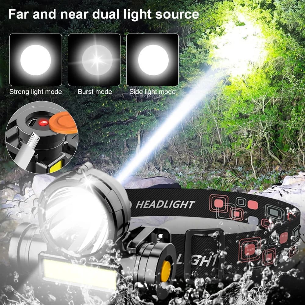 Lampe frontale HOMEFISH LED étanche rechargeable USB pour pêche et camping