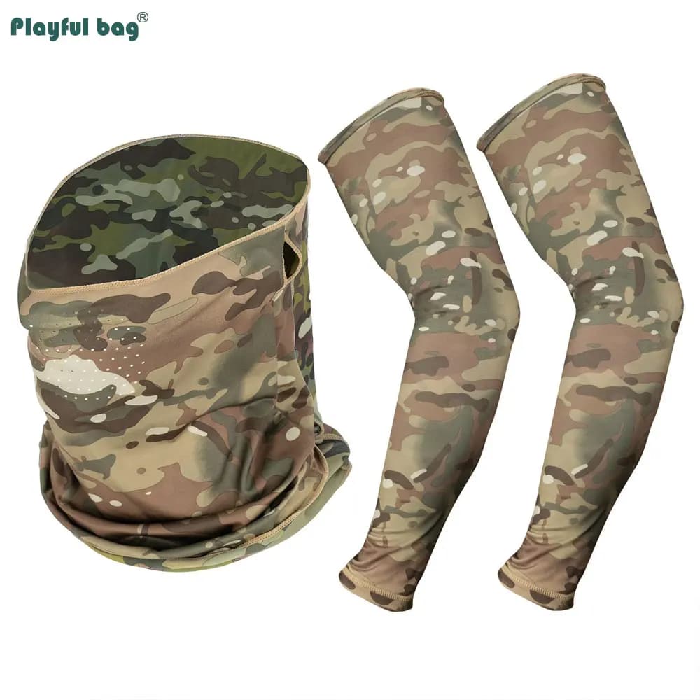 Set camouflage pêche Outdoor CP : casquette feuilles, gants tactiques, manches soie glacée, masque demi-visage